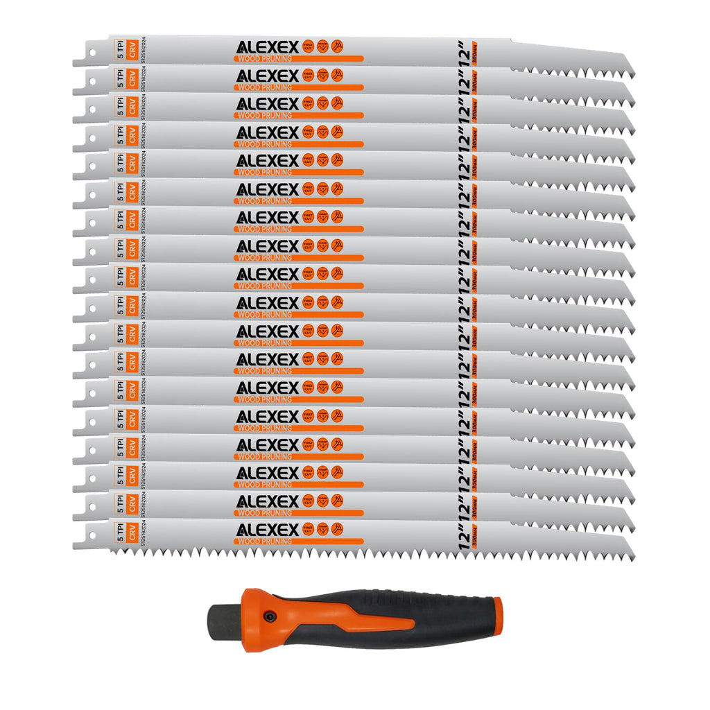 18 Pack 12 Inch 5 Tpi Wood Pruning Reciprocating Saw Blades for Tree Trimming and Wet Wood Cutting, Cr-V Sawzall Blades with Fleam-Ground Teeth for Longer Life and Faster Cutting Speed, 1 x Handle