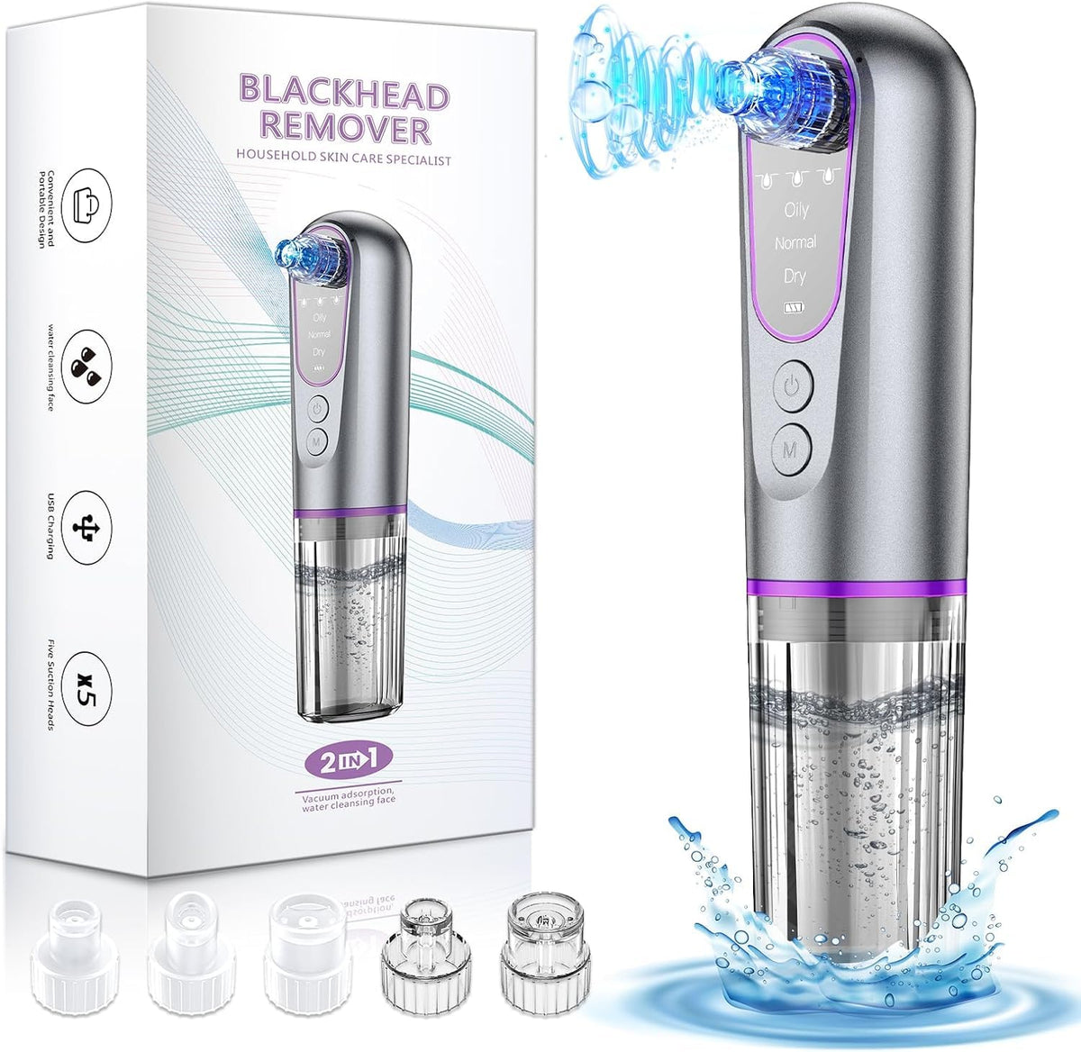 Blackhead Remover Vacuum, Electric Pore Cleaner, 3 Suction Levels, 5 Heads