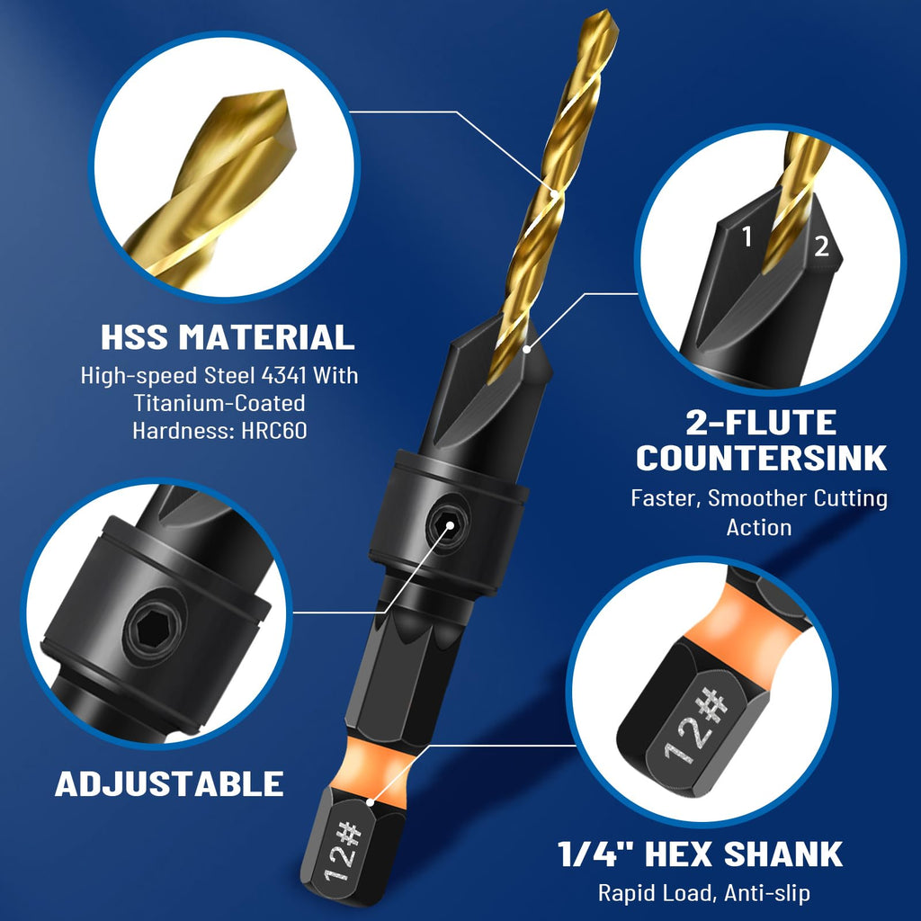 shengbenhao 23Pcs Countersink Drill Bit Set #4#6#8#10#12 Adjustable