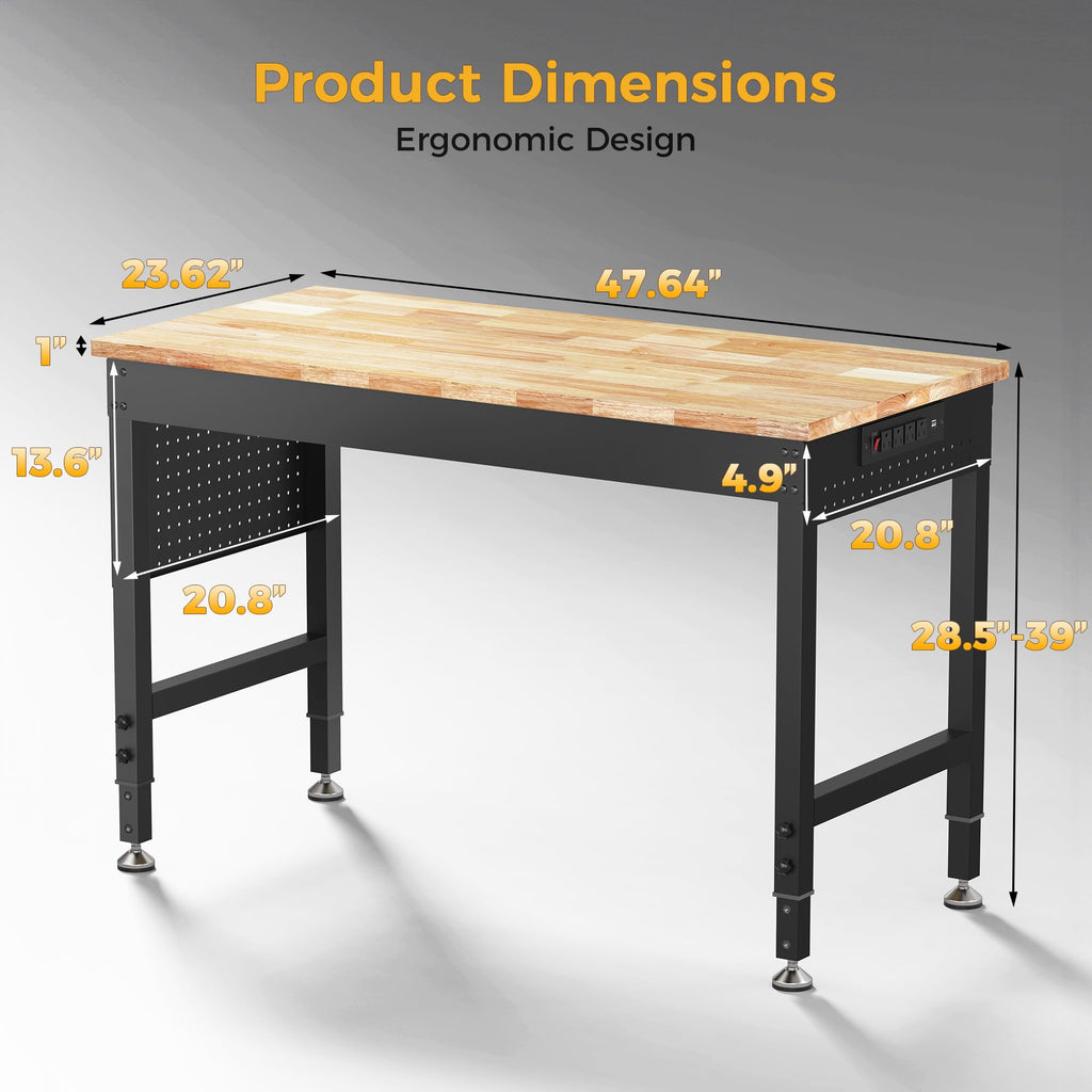 48" Adjustable Workbench, 2000LBS Max Load, Pegboard & Power Strip