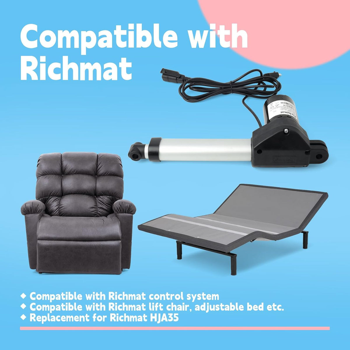 HJA35 Adjustable Bed Actuator Motor Compatible with Richmat Control System Replacement for Richmat Lift Chair Actuator Assembly with Plug Connector, Electric Recliner Accessories