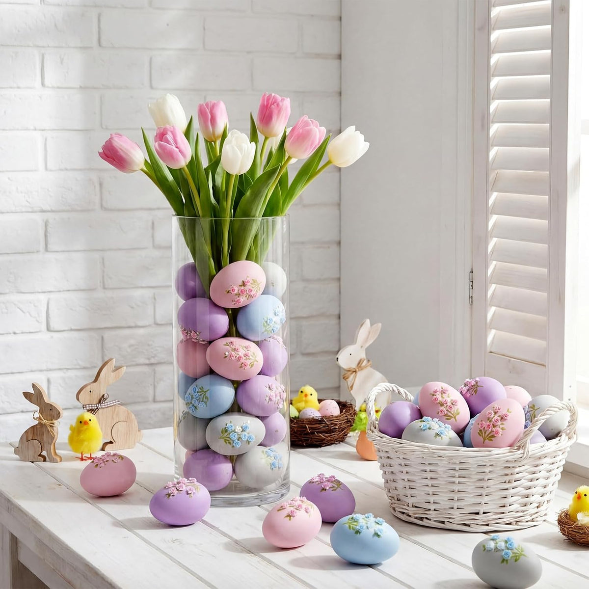 16 Pcs Pastel Easter Eggs Decorations Floral Easter Vase Fillers Plastic Floral Eggs Bowl Vase Fillers Decor Colors