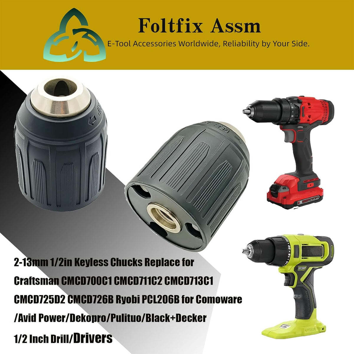 CMCD700C1 CMCD711C2 2-13mm Fit for Craftsman CMCD713C1 CMCD725D2 CMCD726B 1/2in Keyless Chucks Ryobi PCL206B for Comoware/Ridgid/Avid Power/Dekopro/Pulituo/Black+Decker/Skil 1/2 Inch Drill/Drivers