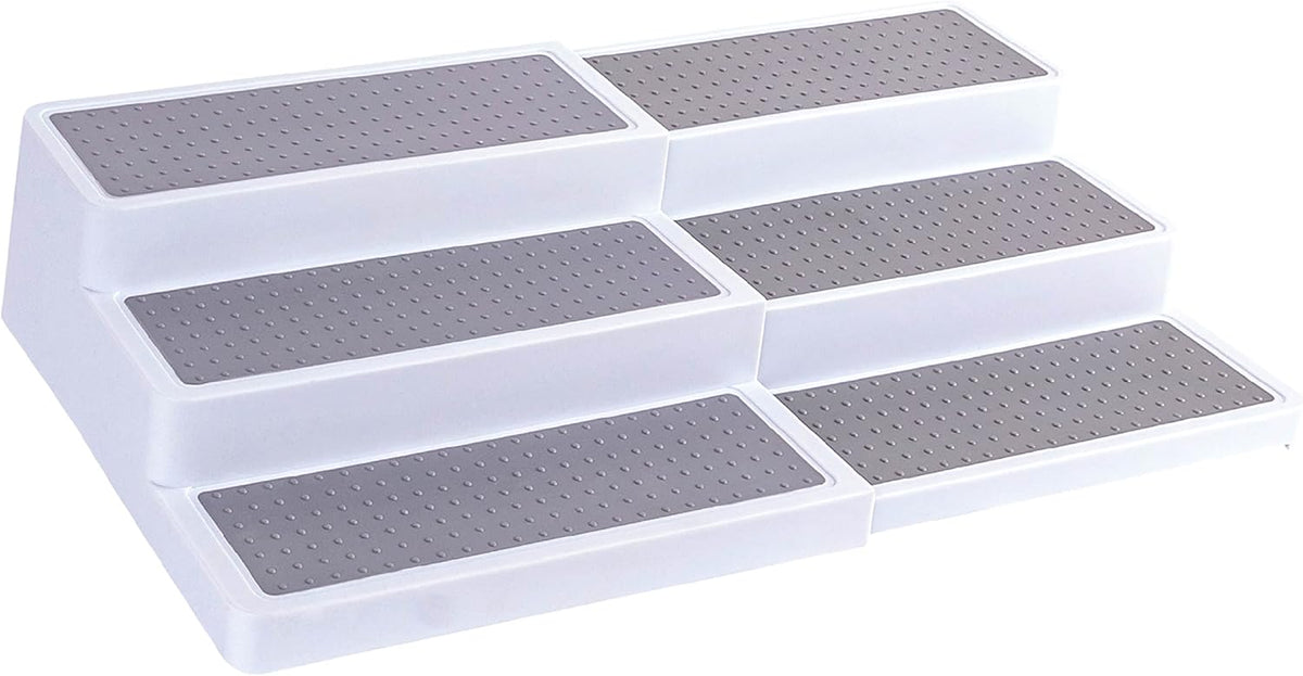 3–Tier Expandable Plastic Spice Rack - Adjustable Length, Stability with Non-Skid Shelf, Three Tiers for Easy