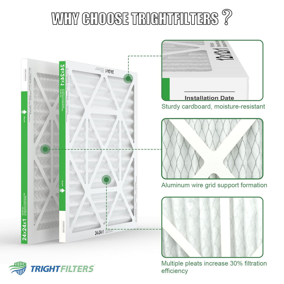 24x24x1 Air Filter 4 Pack, MERV 8 Pleated HVAC Furnace Filter