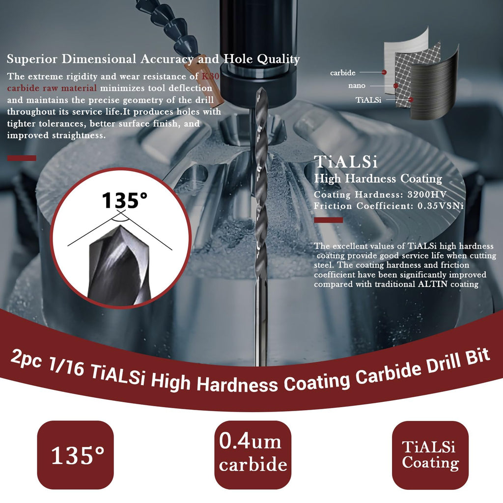 5PCS 1/16 Solid Carbide Drill Bit for Stainless Steel Hardened Steel Metal 1/16 CNC Tungsten Carbide Twist Drill Bits Set 135° Point Angle