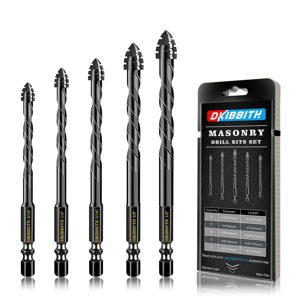 DKIBBITH 4-Flute Serrated Masonry Drill Bit Set 5-Piece Black- 3/16",1/4",5/16",3/8" to 1/2" for Concrete, Tile, Brick, Glass, Ceramic.