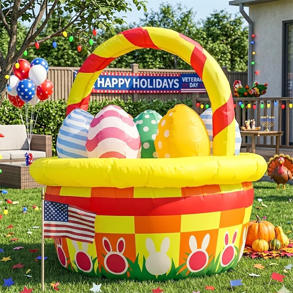 Easter Inflatables Outdoor Decorations - 5 FT Colorful Easter Basket with Eggs Yard Blow Up, LED Lighted Lawn Decor