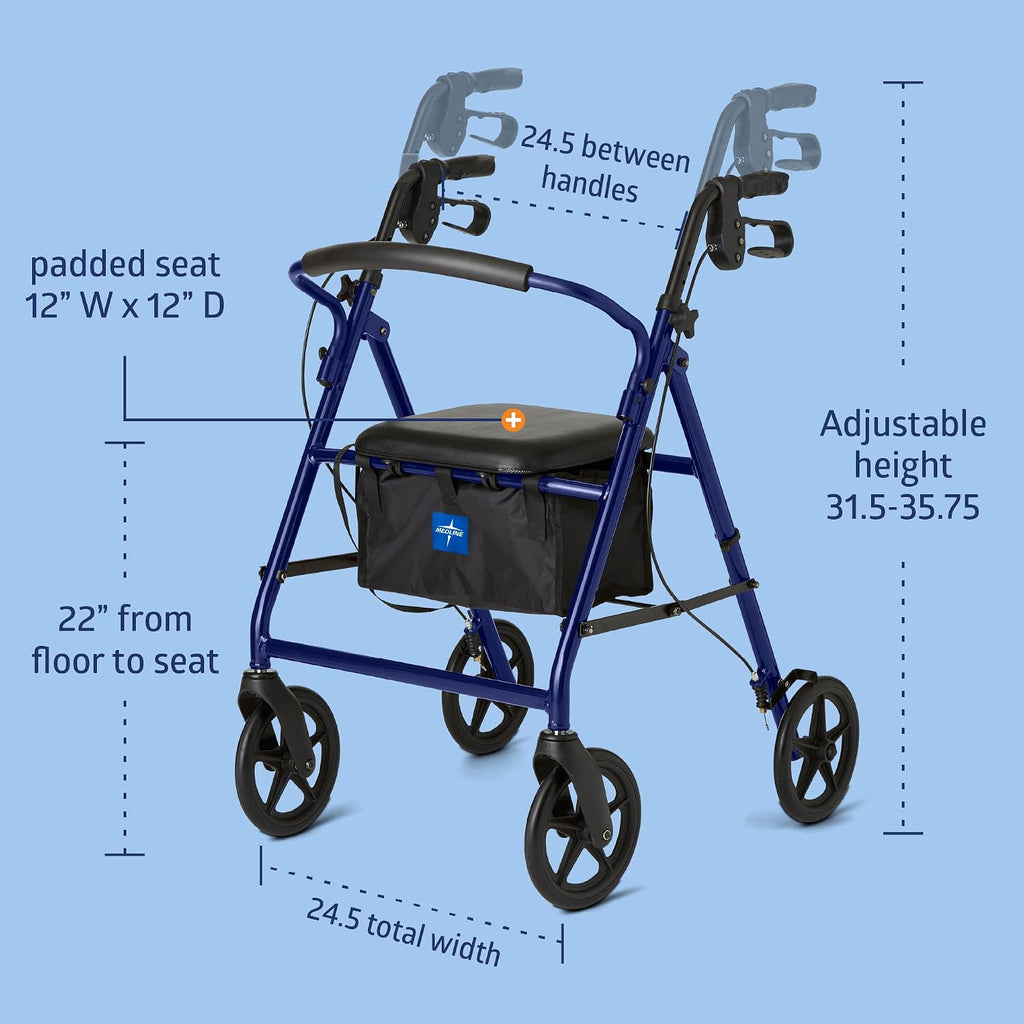 Medline Lightweight Aluminum Rollator Walker for Adult Mobility Impairment, Blue, 300 lb. Weight Capacity, 8" Wheels, Foldable, Adjustable Handles, Walker for Seniors
