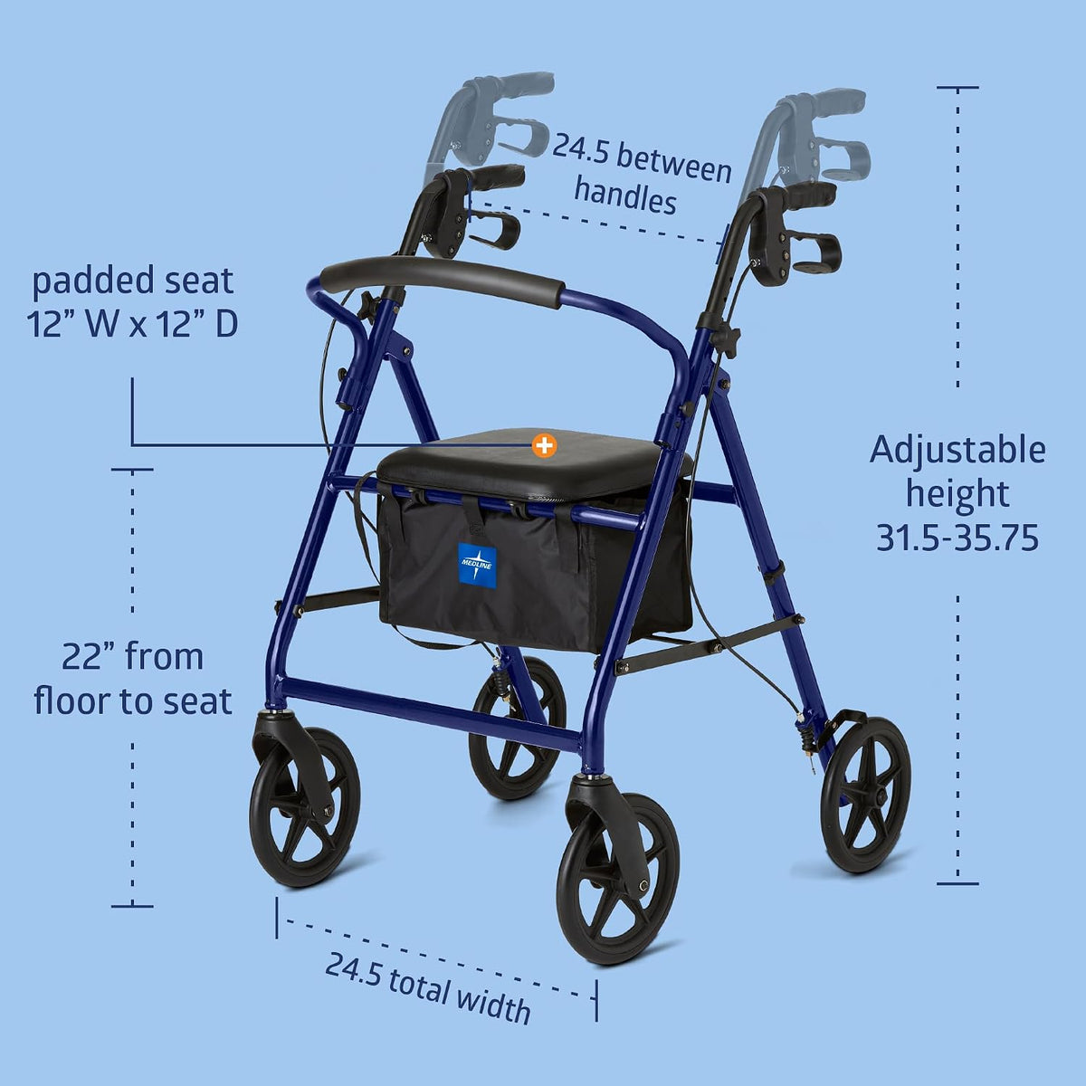 Medline Lightweight Aluminum Rollator Walker for Adult Mobility Impairment, Blue, 300 lb. Weight Capacity, 8" Wheels, Foldable, Adjustable Handles, Walker for Seniors