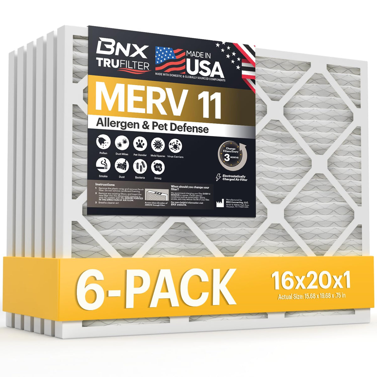 TruFilter 16x20x1 Air Filter MERV 11 (6-Pack) - MADE IN USA - Allergen Defense Electrostatic Pleated Air Conditioner