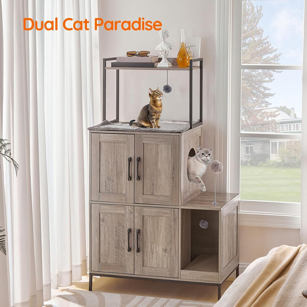 Cat Litter Box Enclosure Furniture, 2 in 1 Hidden Litter Box Furniture with Shelf, Double Litter Box Cabinet with 2