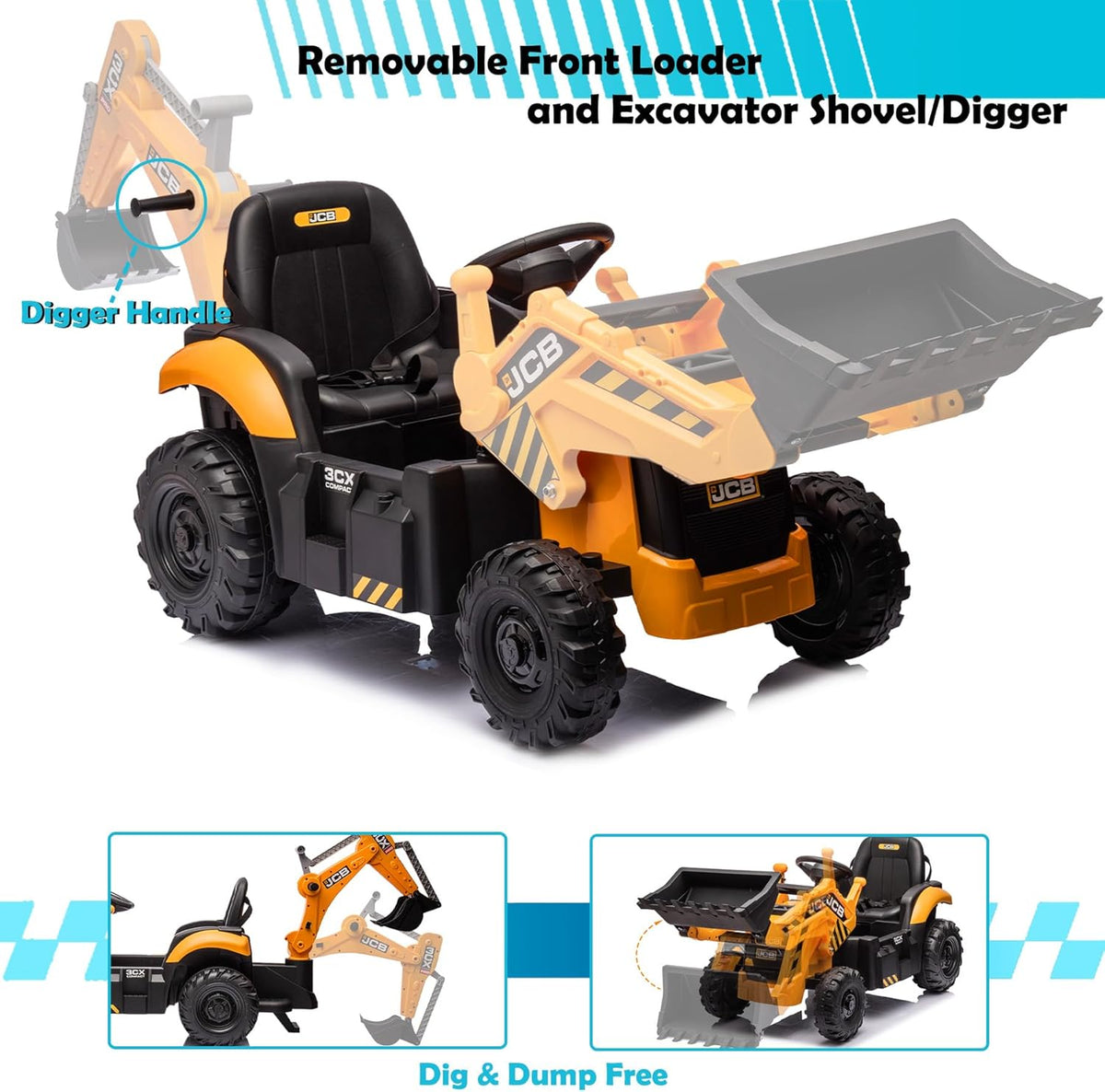 24V 3 in 1 Ride on Tractor, Excavator & Bulldozer for Kids, Licensed JCB Electric Vehicle w/Remote Control, Front