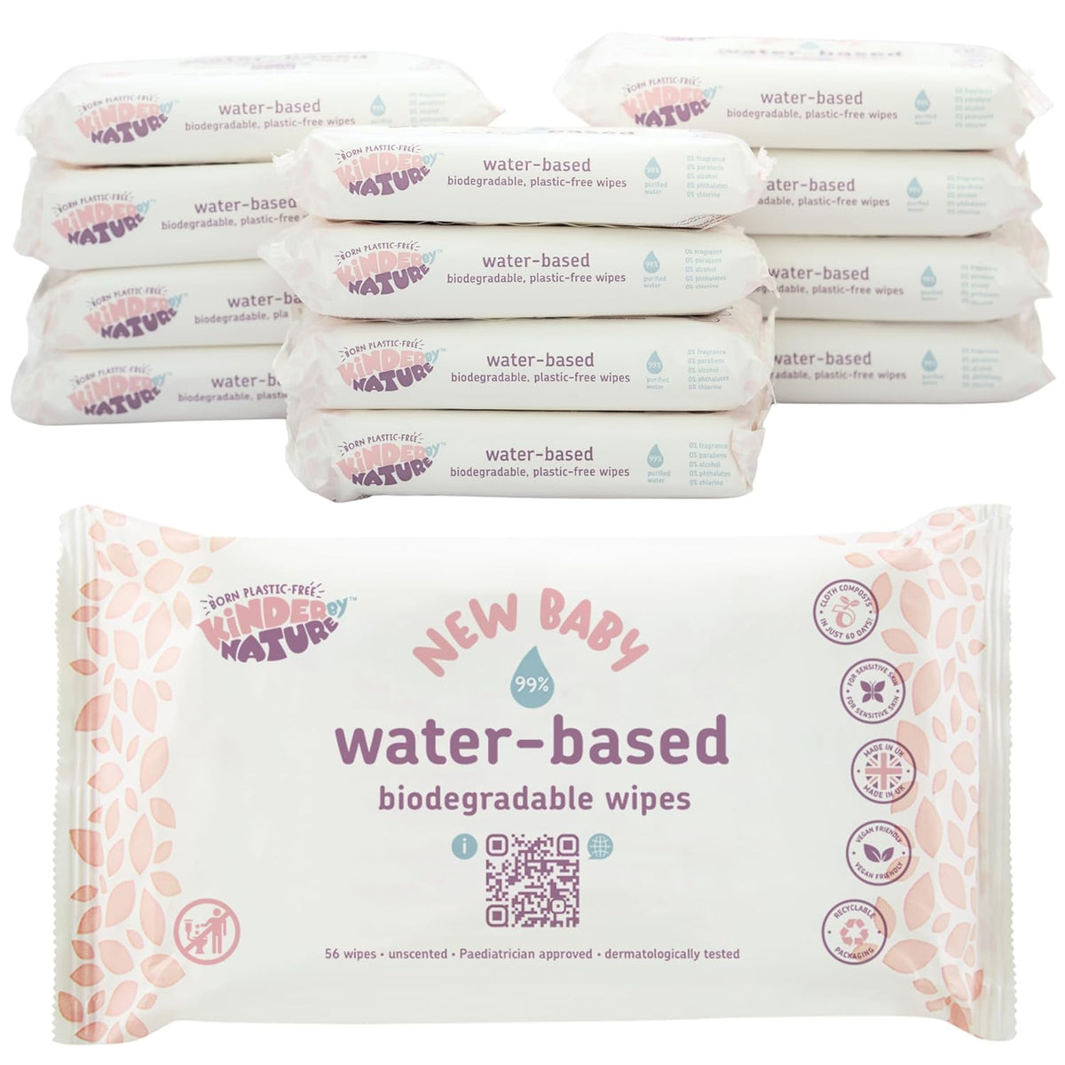 Kinder by Nature Water-Based Baby Wipes - 672 Count (12 packs of 56) -Unscented and Hypoallergenic - 99% water - 100%