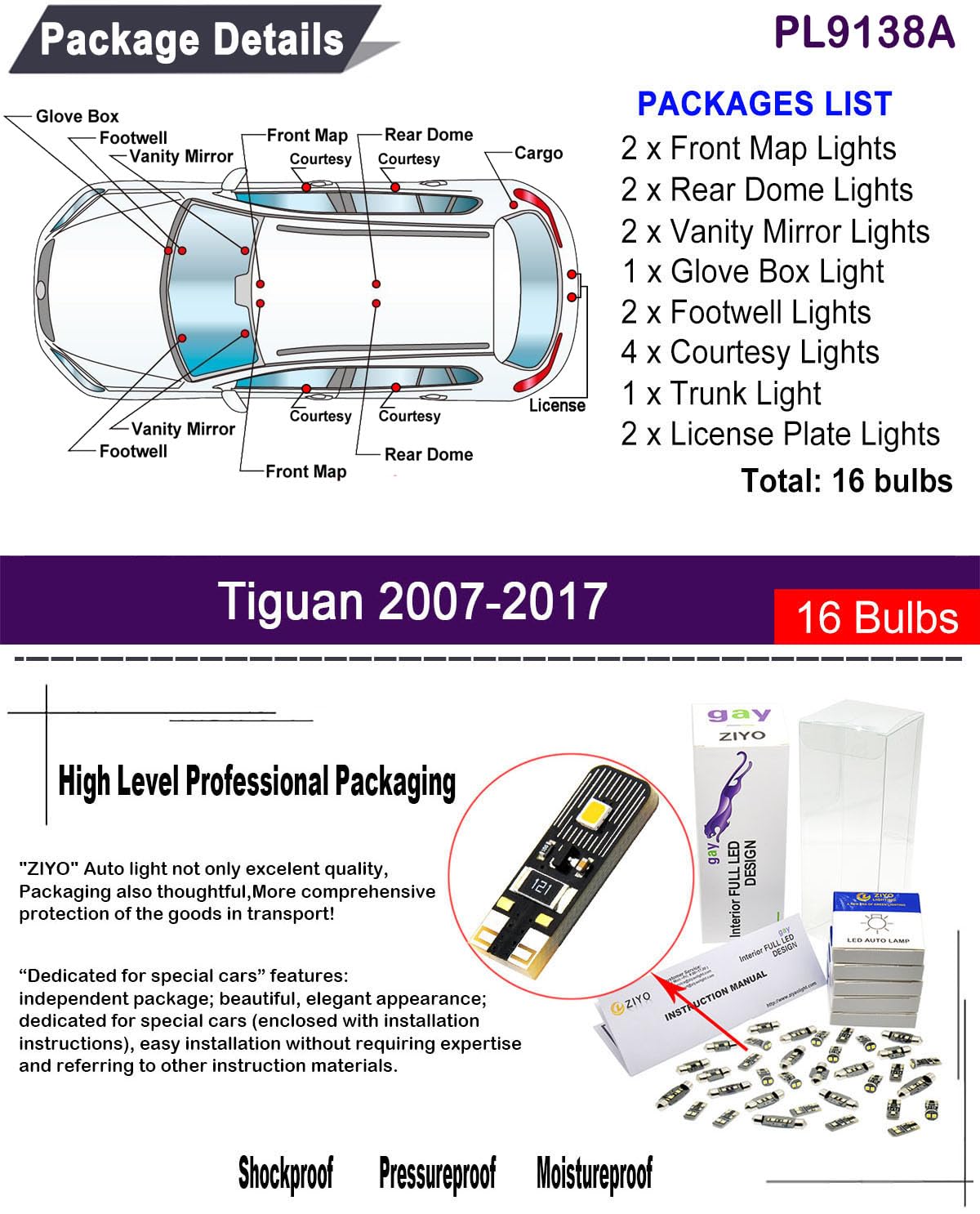 ZIYOLIGHT - PL9138A LED Interior Light kit for Volkswagen Tiguan 2007-2017, 6000K White Dome Lights Accessories Replacement Package, LED Light Bulbs Upgrade (16 Bulbs)