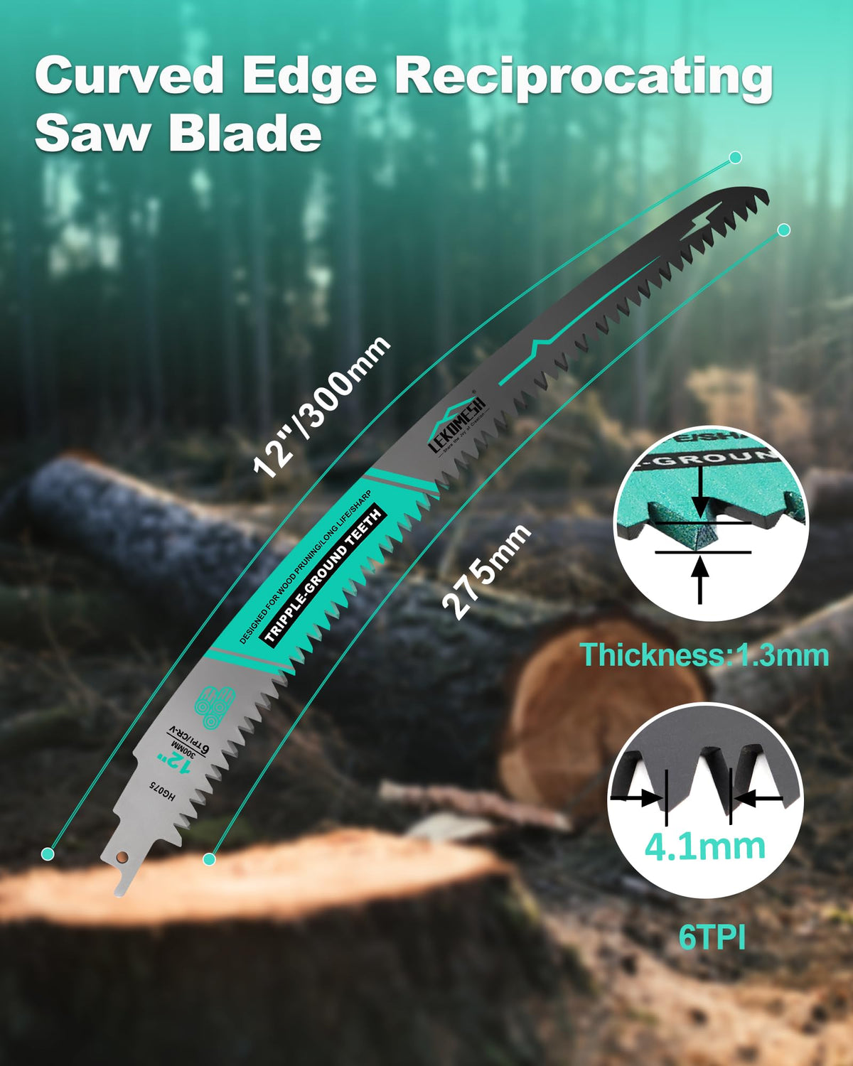 LEKOMESH 12" Japanese Teeth Reciprocating Saw Blades Wood Pruning - Curved Edge 6TPI for Tree Trimming, Wood/PVC Pipe Cutting, Cr-V Sabre Blades Better Wear Resistance