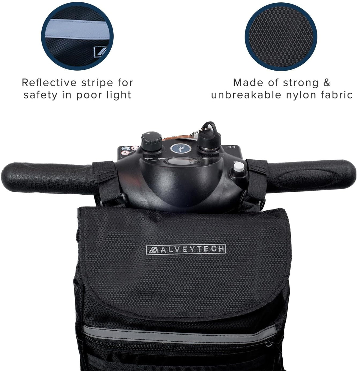 AlveyTech Large Tiller Bag for Mobility Scooters (Black) - Durable Nylon Fabric Organizer Bags with Reflective Stripe, Strong Zipper & Threading, Convenient Snacks, Bottles, Books, Storage Accessories