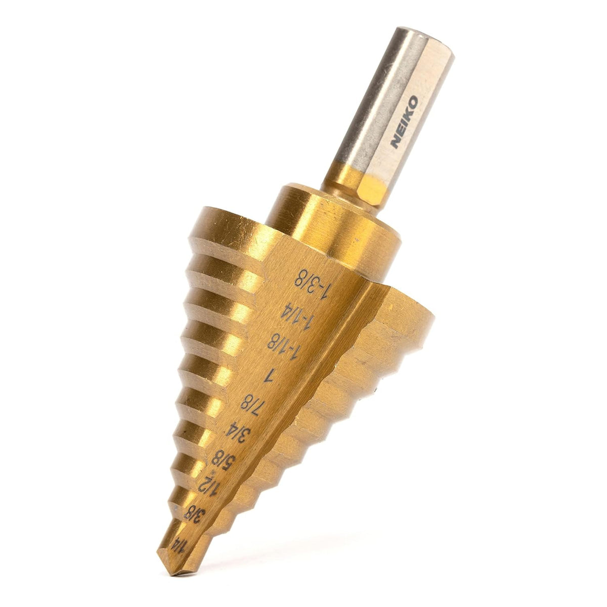NEIKO 10194A Step Drill Bit, 10 Steps 1/4” to 1 3/8” Straight High Speed Steel, Titanium Nitride Coated, 3/8” Tri Flat Step Bits for Steel, Metal, Wood, Plastic, Unibit Cone Drill Bits, Two Flute
