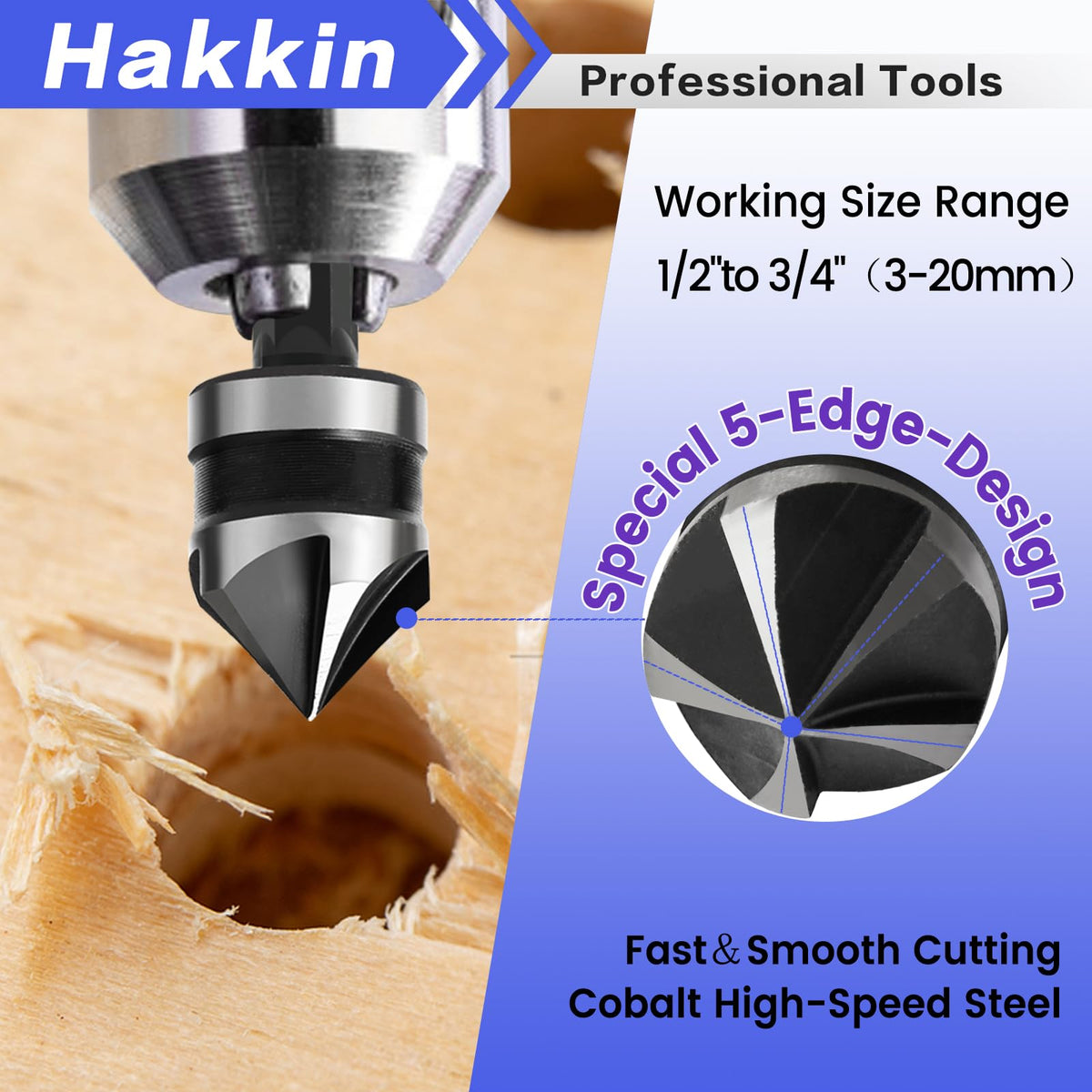 Hakkin 5PCS Deburring Tool Set, Tungsten Carbide Chamfer Drill Bit, External Deburring Tool with Quick Release Hex Shank for Metal, Fits 1/8"-3/4" (3-20mm)