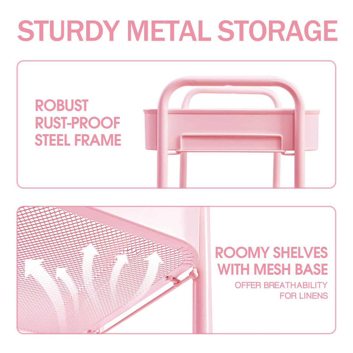 3 Tier Metal Rolling Cart, Utility Storage Cart with Wheels, Pink