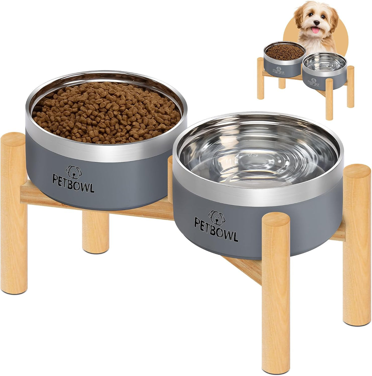 27oz Elevated Stainless Steel Dog Bowls Non-Slip Wooden Stand Grey