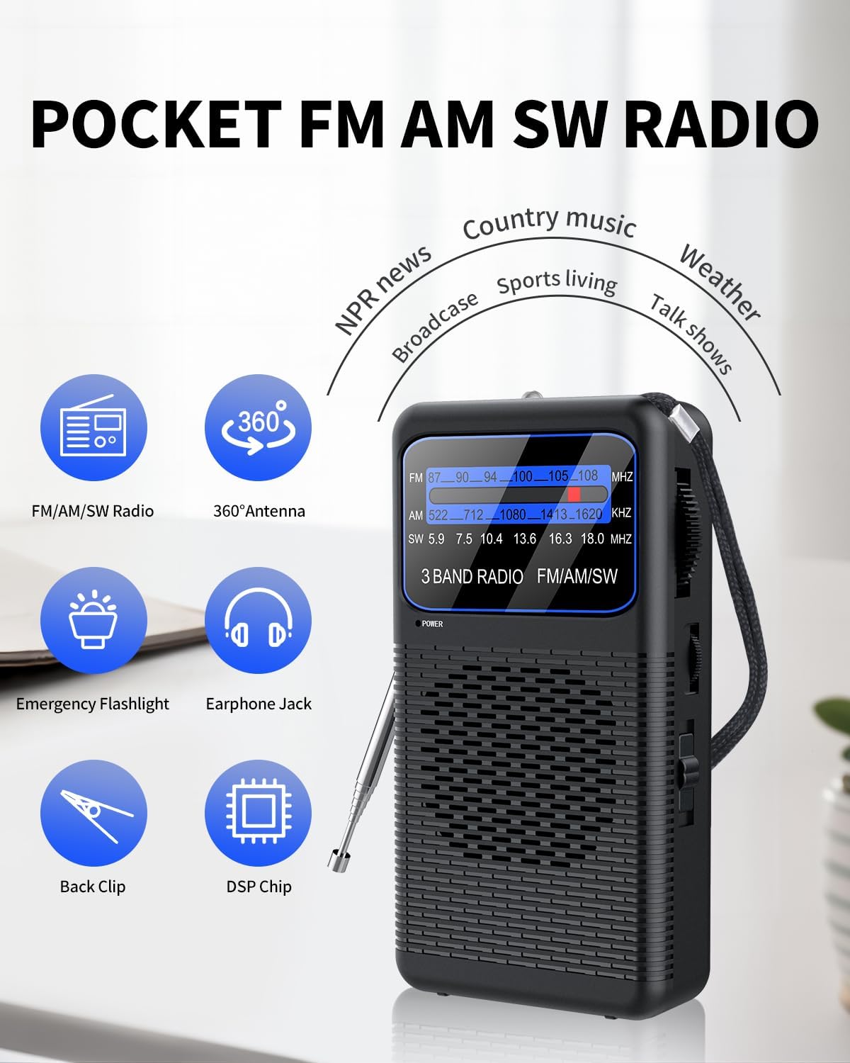FM AM SW Back Clip Pocket Radio, Battery Operated Mini Radios, Portable Shortwave Transistor Radio with Emergency LED