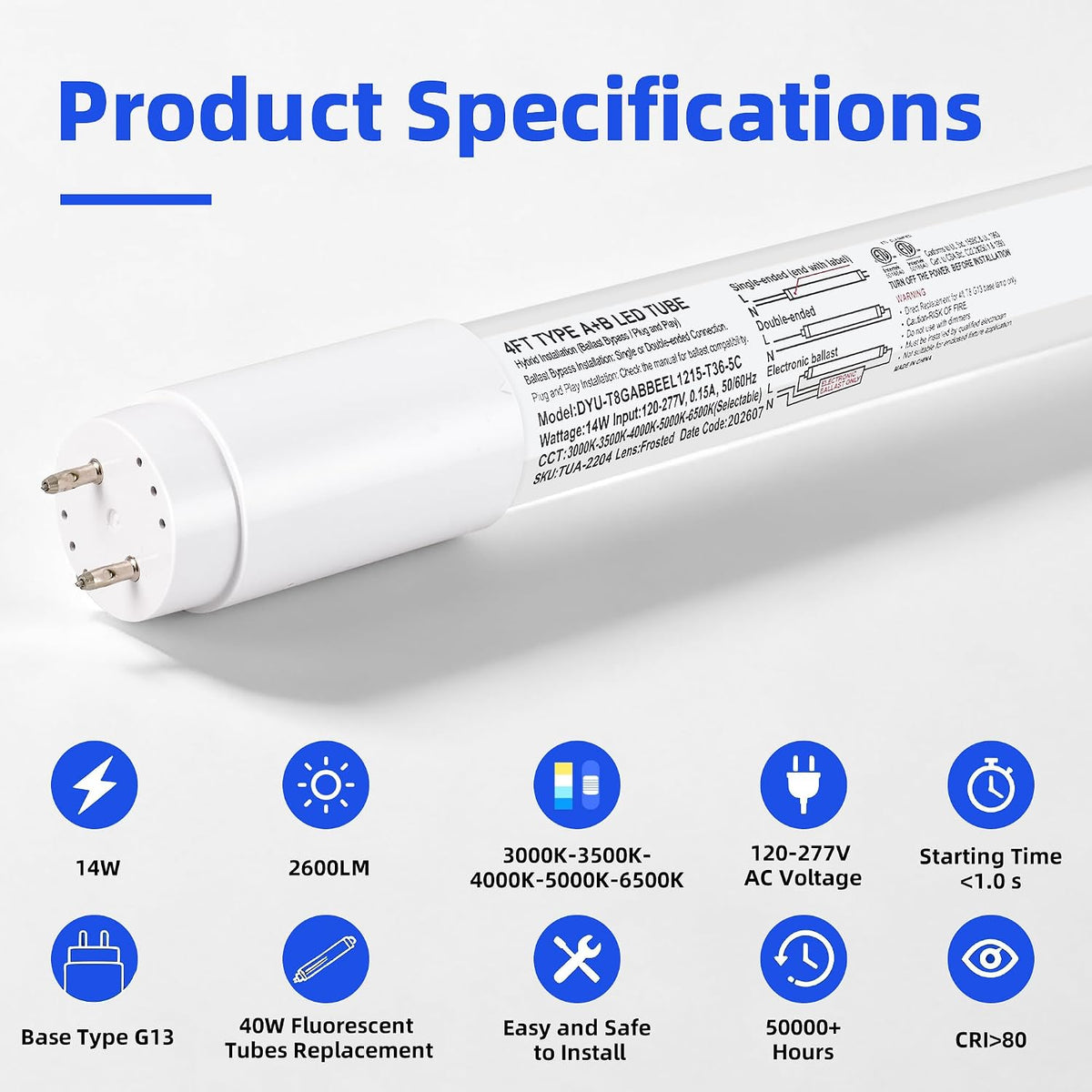 hykolity T8 LED Bulbs 4 Foot,186LM/W 5CCT 3000-6500K 14W 2600LM DLC 6.0 ETL