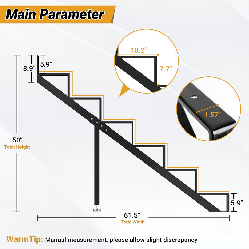 Steel Stair Step Riser 6-Step, Metal Stair Stringer with Reinforcing Support Legs, Heavy Duty Steel Stair Stringer
