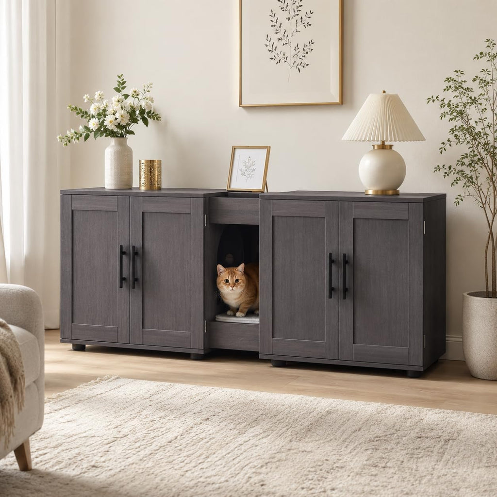Double Cat Litter Box Enclosure for 2 Cats with Storage, Antique White