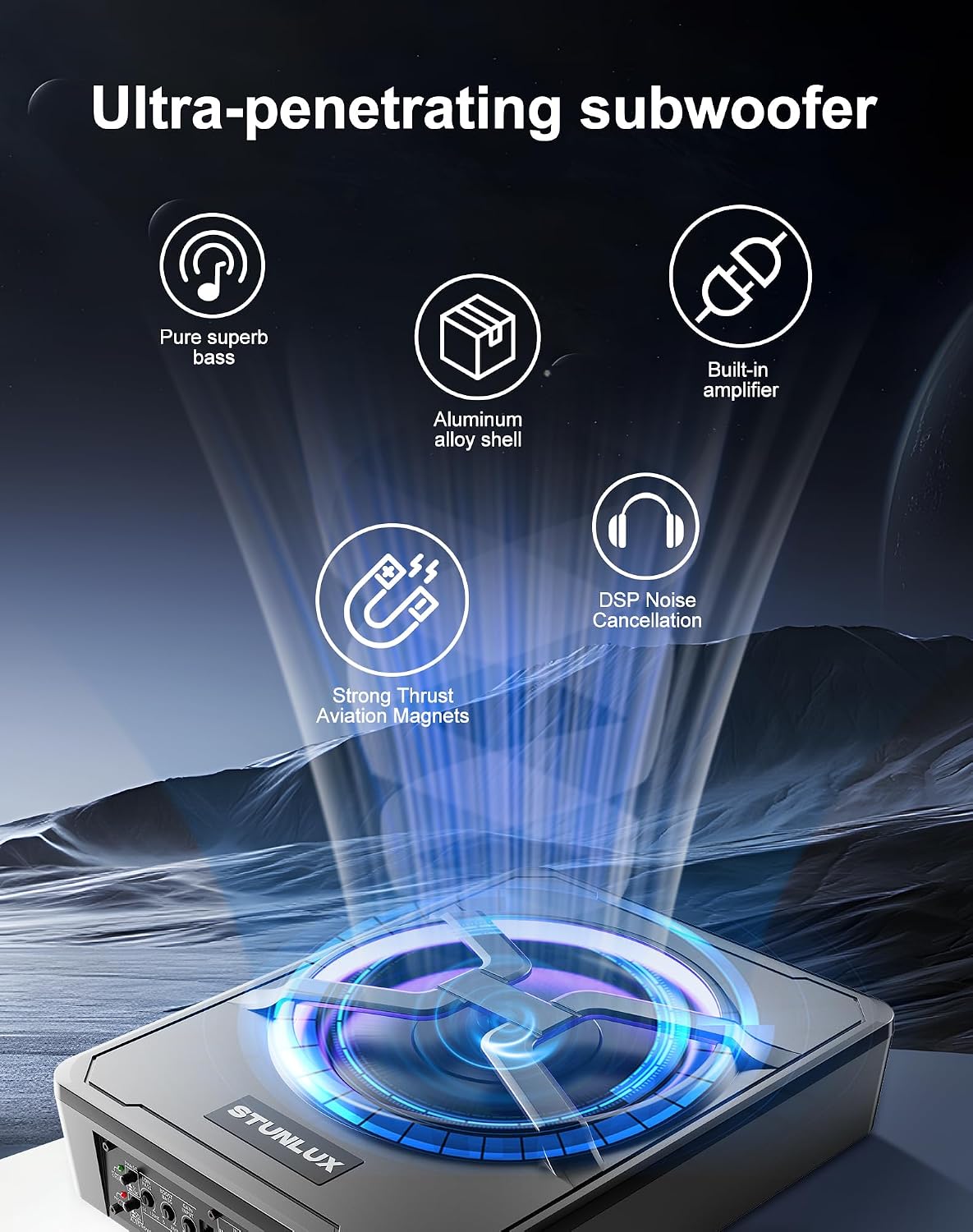 10 Inch 800W Under Seat Car Subwoofer,Full Cast Aluminum Under Seat Powered Subwoofer,Built-in Amp & APP LED Light