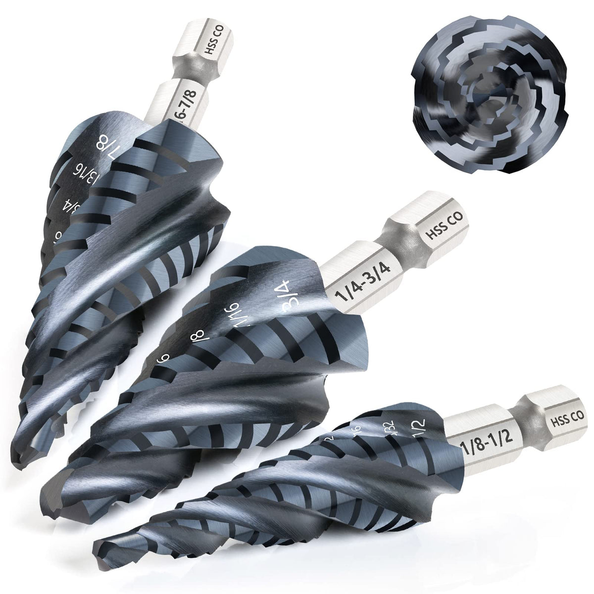 Matework 4 Spiral Flute Step Drill Bit Set, M35 Cobalt Unibit 3Pcs