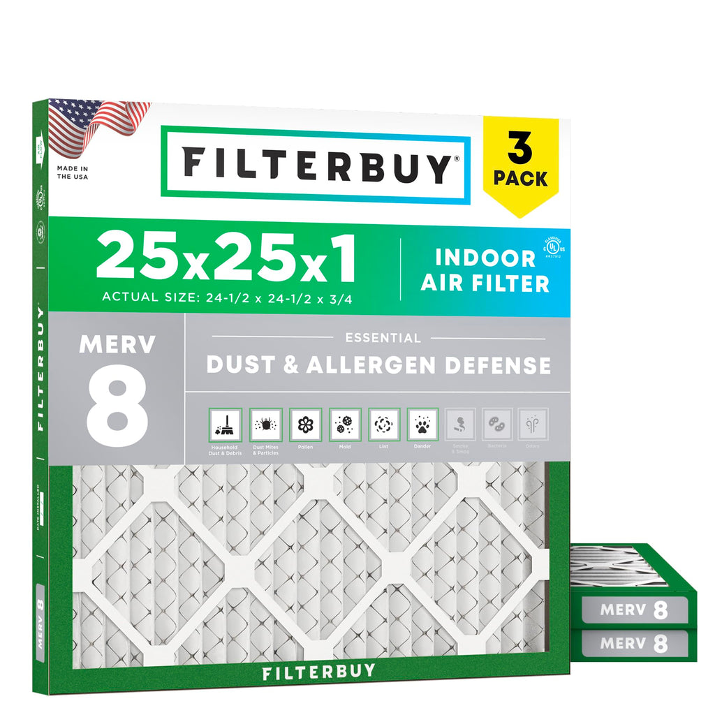25x25x1 Air Filter MERV 8 Dust & Allergy Defense (3-Pack)