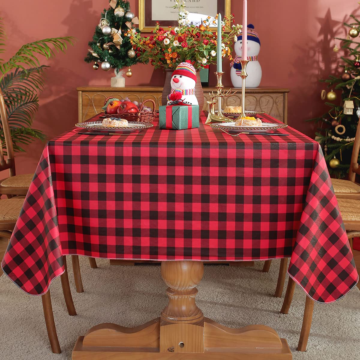 Buffalo Plaid Vinyl Christmas Tablecloth Rectangle 52 x 70 Inch With Flannel Backing, Waterproof & Anti-Slip Table
