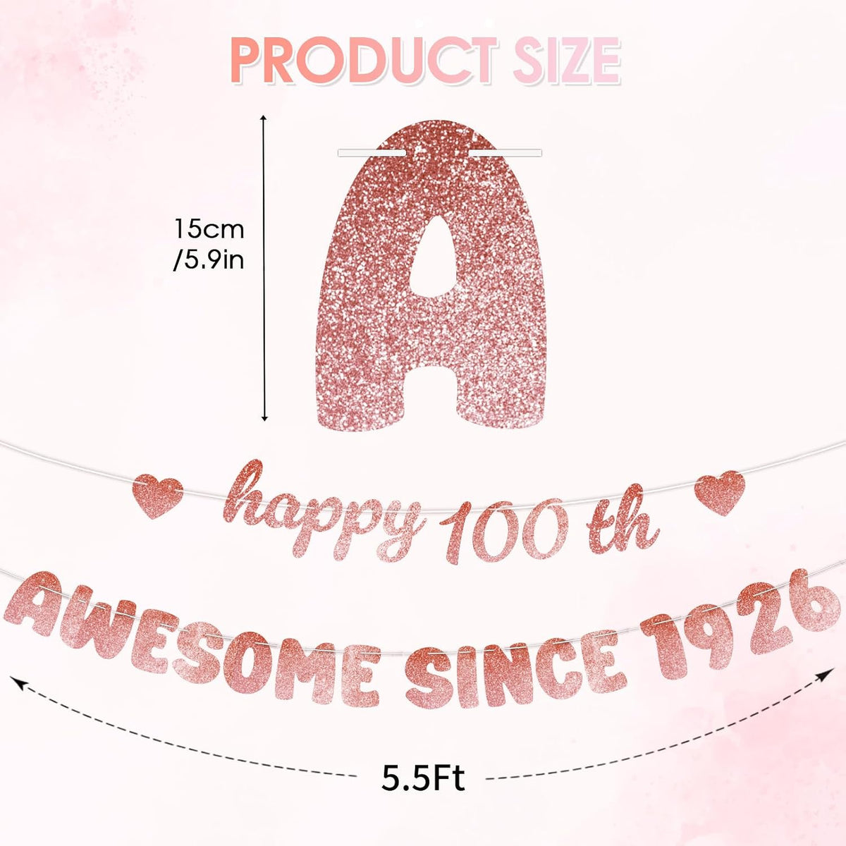 Rose Gold 100th Birthday Decorations for Women - Glittery Happy 100th Birthday Banner, Centenarian Awesome Since 1926