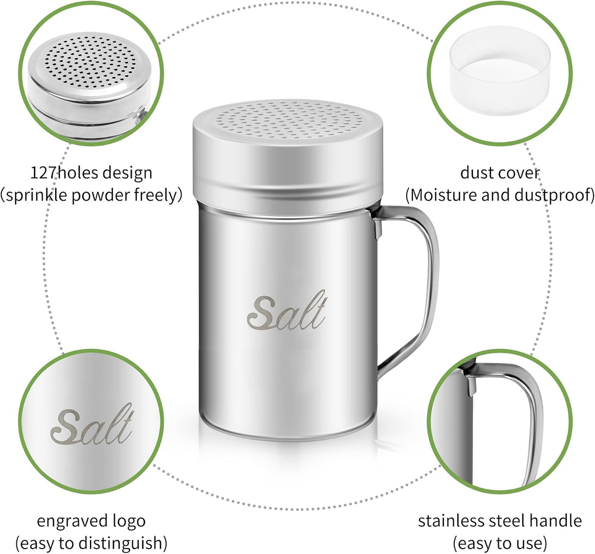 Stainless Steel Salt and Pepper Shakers Set, 14 OZ Seasoning Spice Shaker with Lid and Handle 127 Holes, Metal Dredge