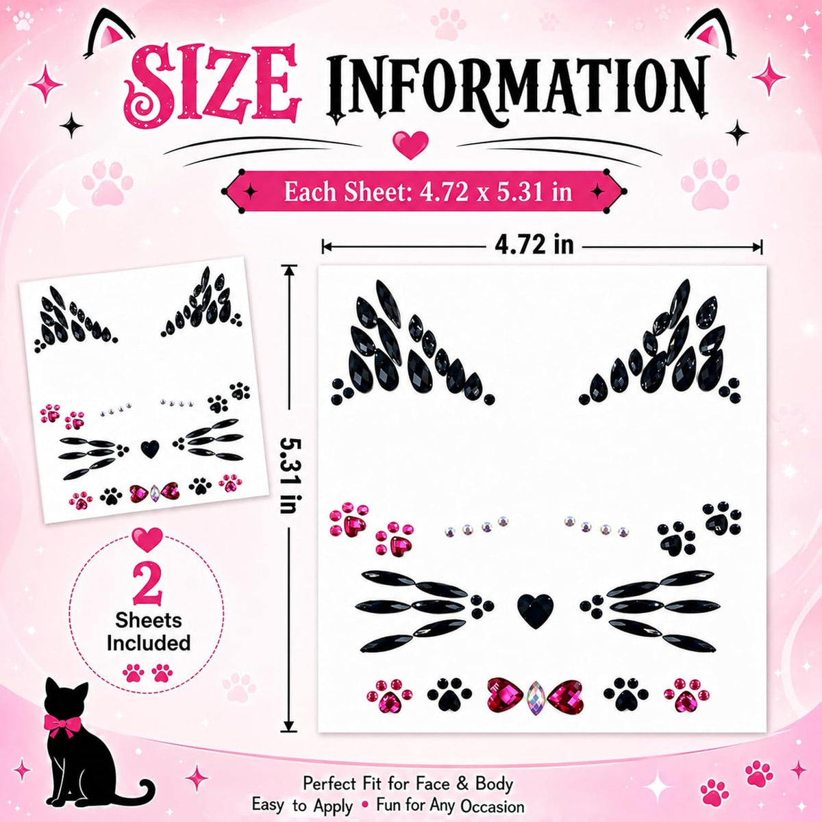 Crystal Cat Face Gems Stickers, 2-Sheet Cat Print Gem Jewels