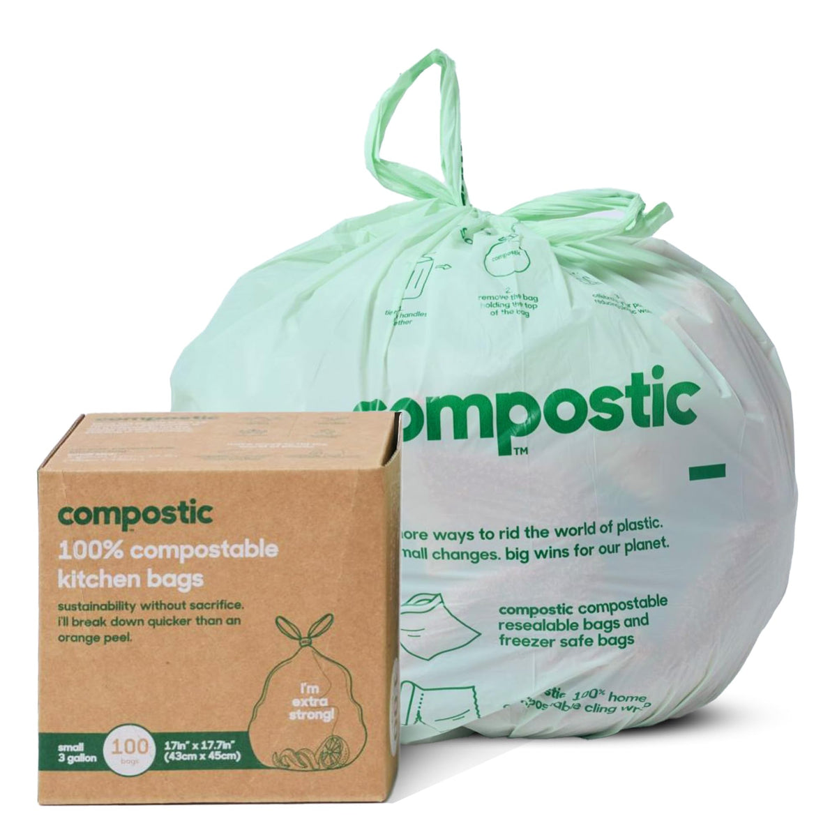 Compostable Trash Bags, 3 Gallon Small Bathroom & Office (100 Count) Bulk Pack — Extra Strong, Home Compostable