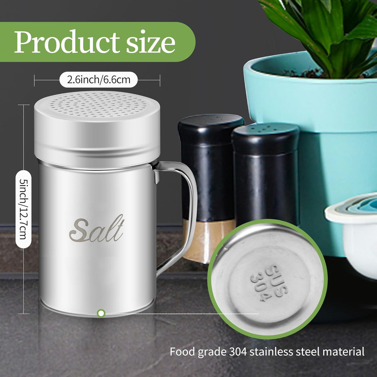 Stainless Steel Salt and Pepper Shakers Set, 14 OZ Seasoning Spice Shaker with Lid and Handle 127 Holes, Metal Dredge