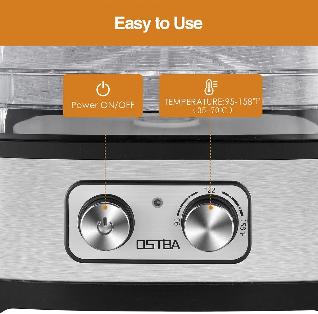Food Dehydrator, 5 Trays, 240W Dryer for Jerky, Fruit & Veggies | BPA-Free Trays | 95-158℉ Temp | 72H Timer | 360°