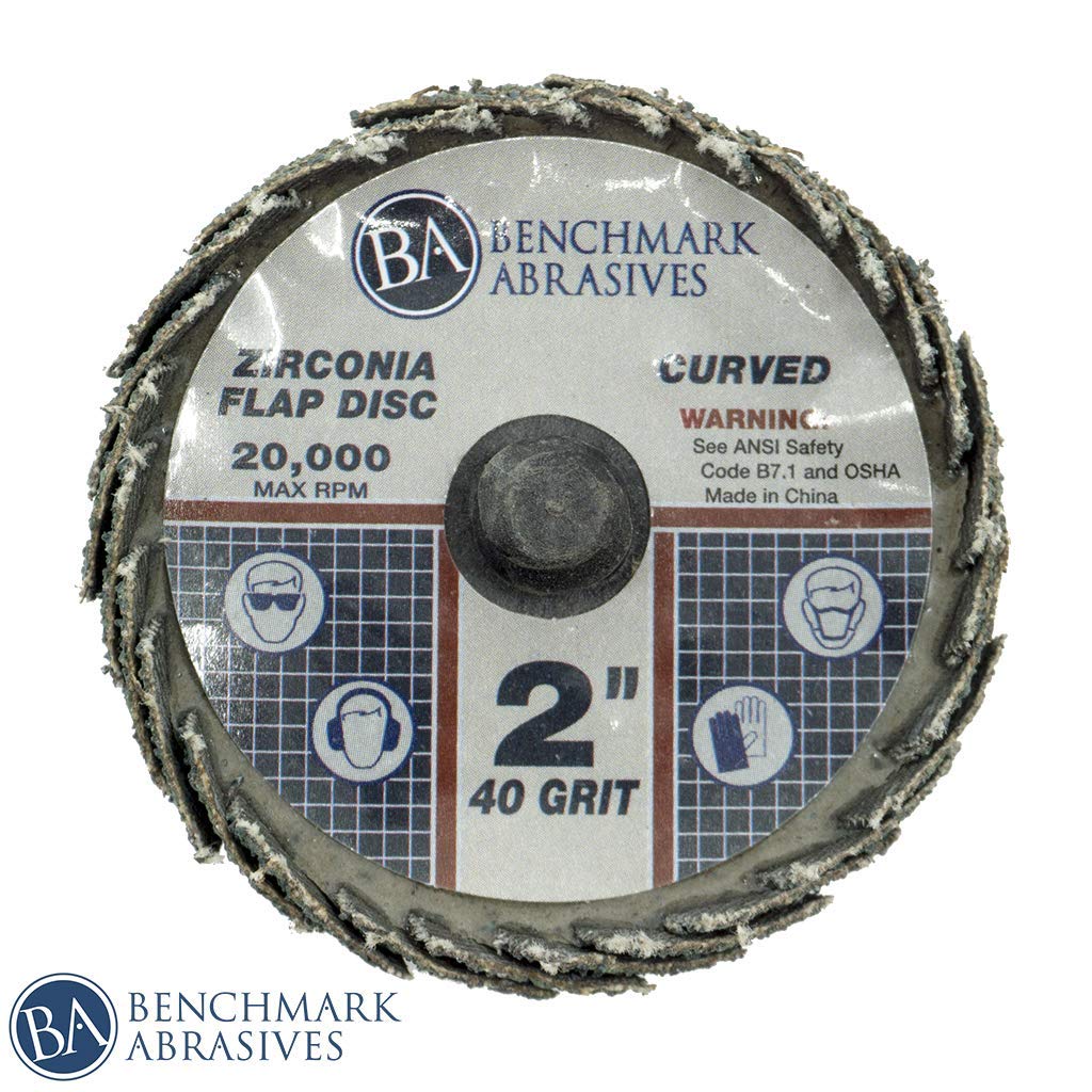 Benchmark Abrasives 2" Quick Change Zirconia Curved Flap Disc Grinding Wheel with Male R-Type Back Design - Finishing, Deburring of Irregular Surfaces - for Die Grinder & More (10 Pack) 40 Grit