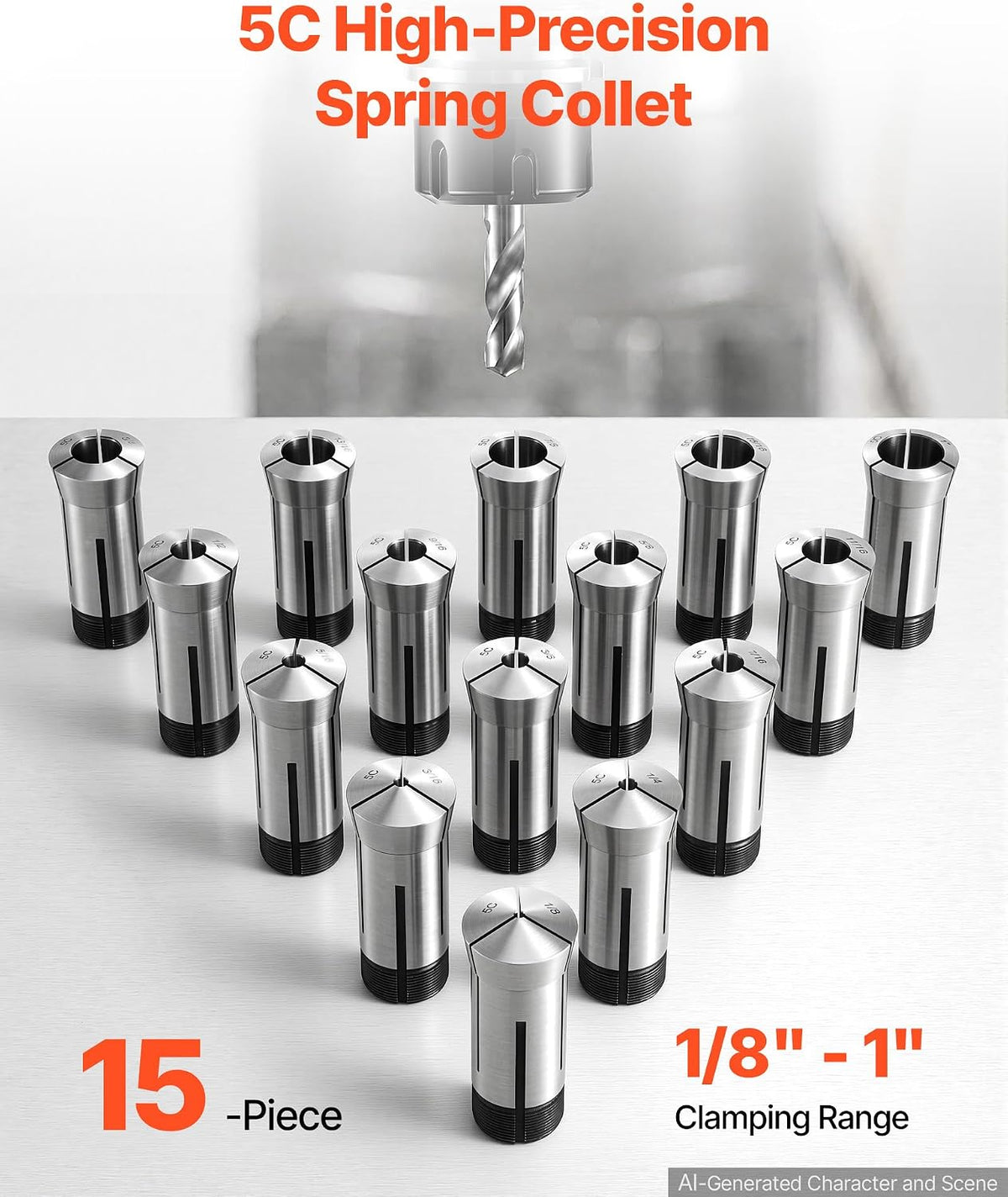 VEVOR 5C Collet Set 1/8"-1" 15 Piece Precision 5C Round Collet Chuck Set