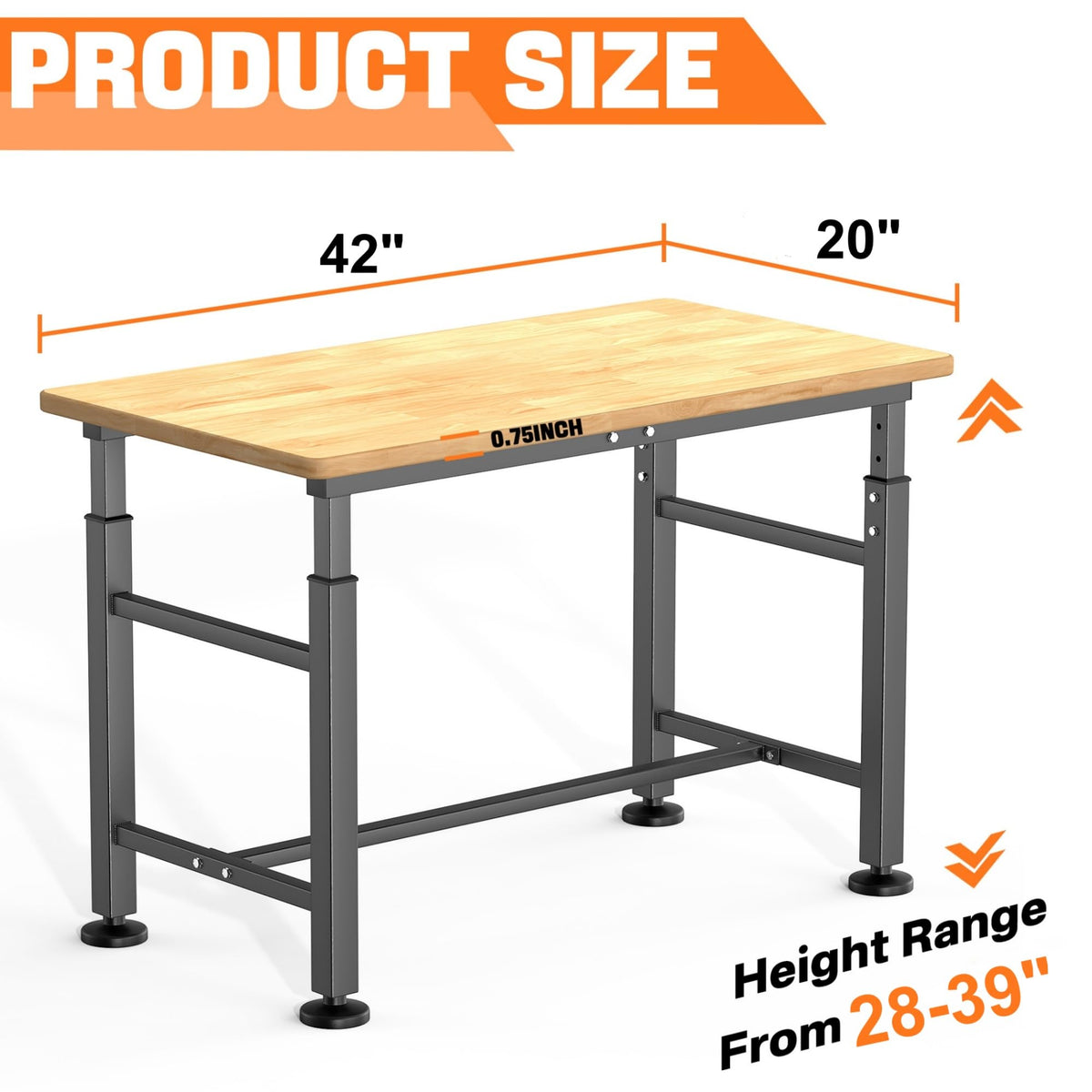 Adjustable Workbench with Rubberwood Top Rolling, 42x20 in Workbench