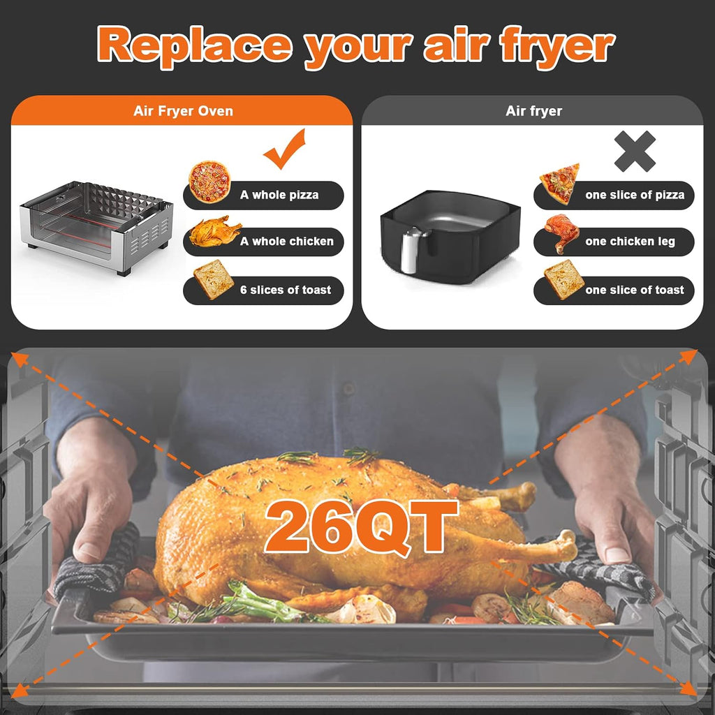 Air Fryer Toaster Oven 26 QT, Large AirFryer Convection Countertop Oven Combo with Easy Bake, Roast, Broil, Warm, 6