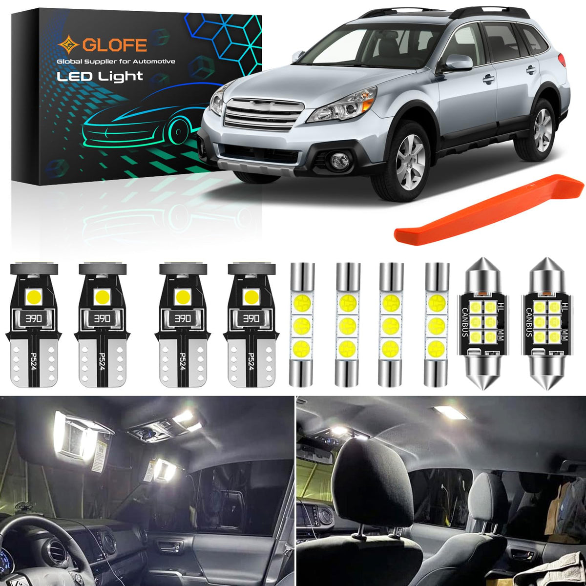 GLOFE Interior LED Map Bulbs Kit Package Replacement for Subaru Outback 2014 2015 2016 2017 2018 2019 2020 2021 2022 2023 Map Dome Lights, License Plate Lights + Free Install Tool,6000K Bright White