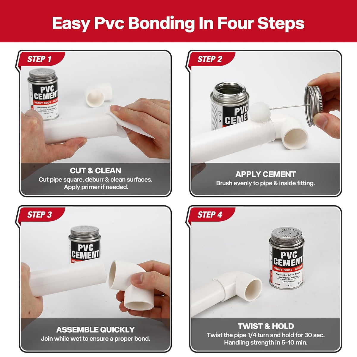 PVC Cement, Fast-Setting Clear PVC Solvent Weld Glue for PVC Pipe, 4 fl oz