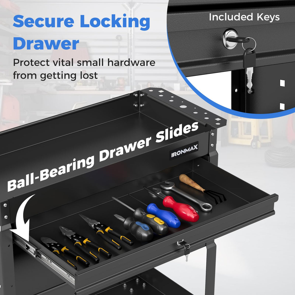 3 Tier Rolling Tool Cart with Lockable Drawer, Heavy Duty Metal Utility Cart on Wheels with Pegboards & Hooks