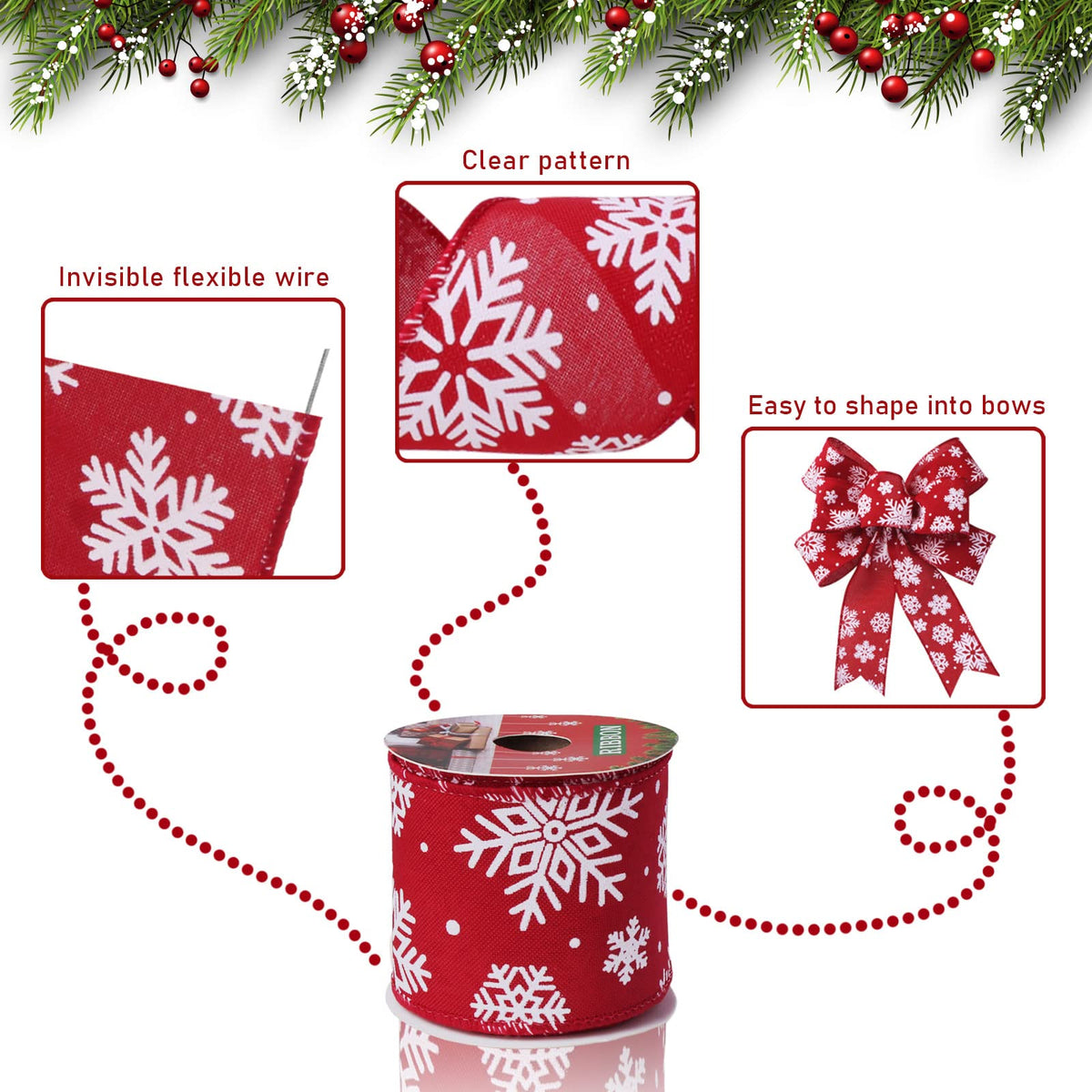 Christmas Ribbon Wired 2.5 Inch,6 Roll 30 Yards Christmas Wired Ribbon,Incl. Santa/Snowman/Snowflake/Buffalo Plaid