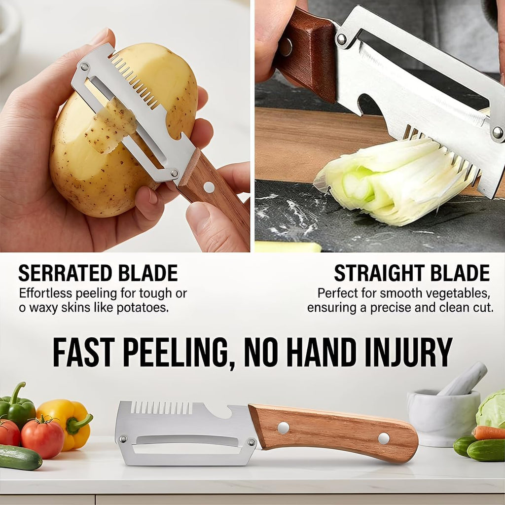 Vegetable Peeler for Kitchen – Multifunctional Stainless Steel Peeler with Wooden Handle & Bottle Opener, Durable for