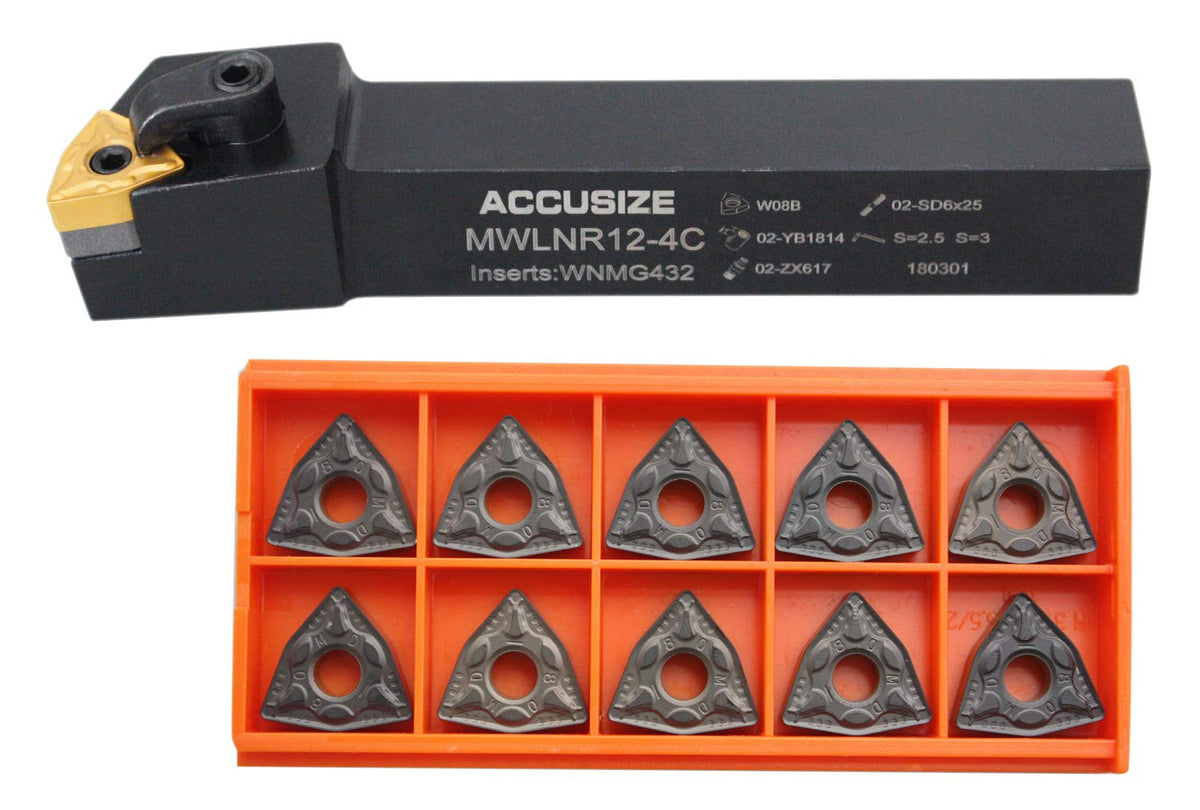 Accusize Industrial Tools MWLNR-12-4C 3/4'' Indexable Turning Tool Holder Kit, 5'' OAL, with 10 Carbide WNMG432 Inserts, Right-Hand, 2316-0008INS2