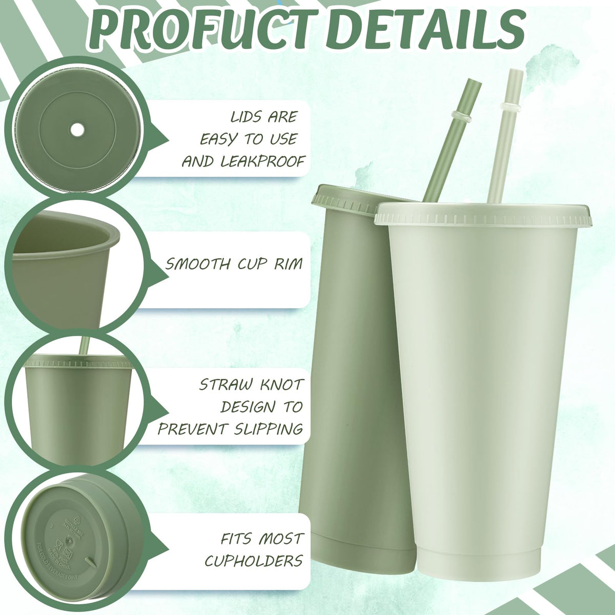 24 Pcs Sage Green Plastic Cups with Lids and Straws 24 oz